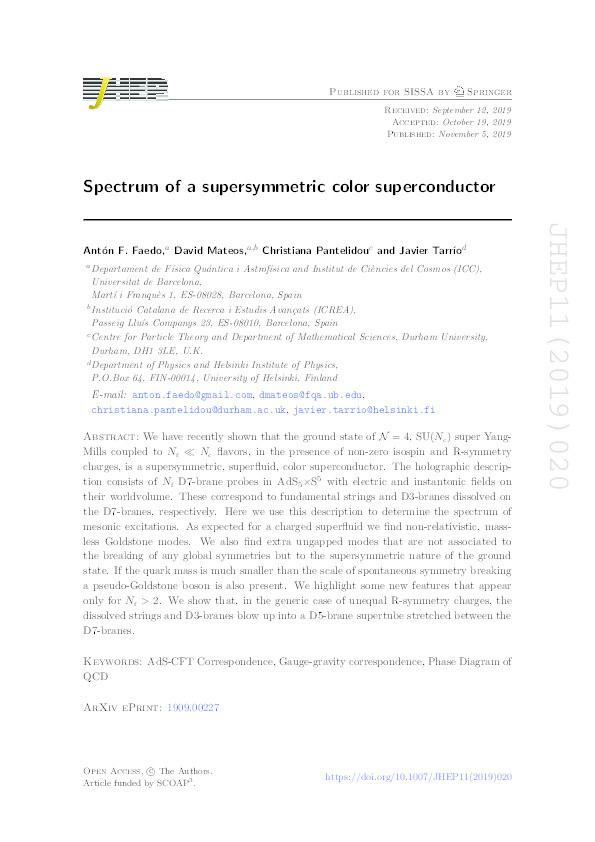 Spectrum of a supersymmetric color superconductor Thumbnail