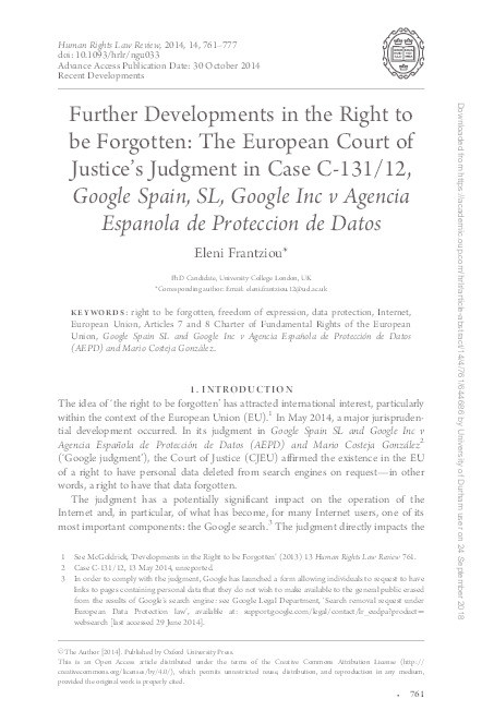 Further Developments in the Right to be Forgotten: The European Court of Justice's Judgment in Case C-131/12, Google Spain, SL, Google Inc v Agencia Espanola de Proteccion de Datos Thumbnail