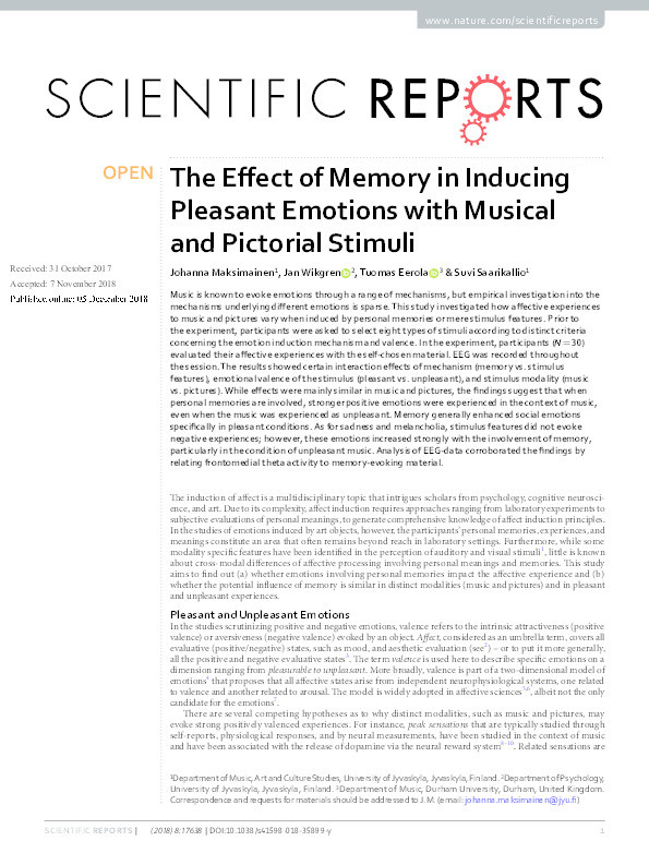The effect of memory in inducing pleasant emotions with musical and pictorial stimuli Thumbnail