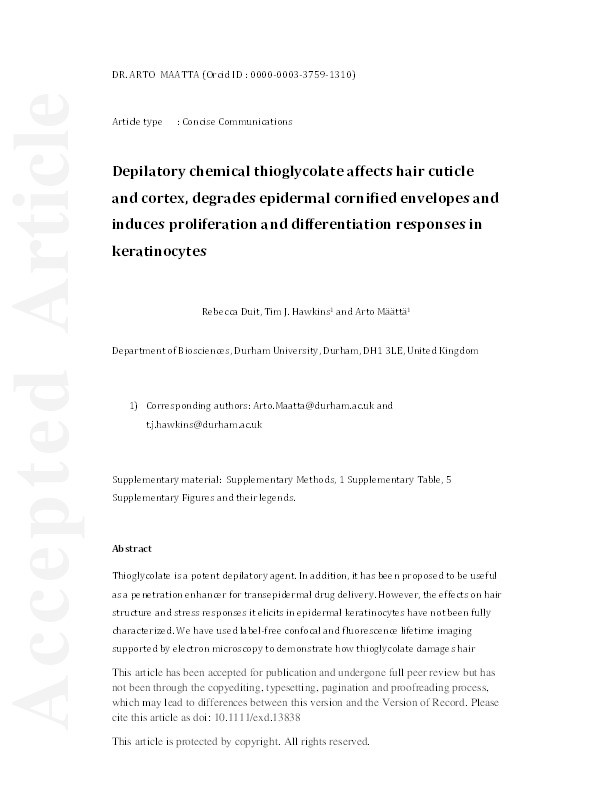 Depilatory chemical thioglycolate affects hair cuticle and cortex, degrades epidermal cornified envelopes and induces proliferation and differentiation responses in keratinocytes Thumbnail