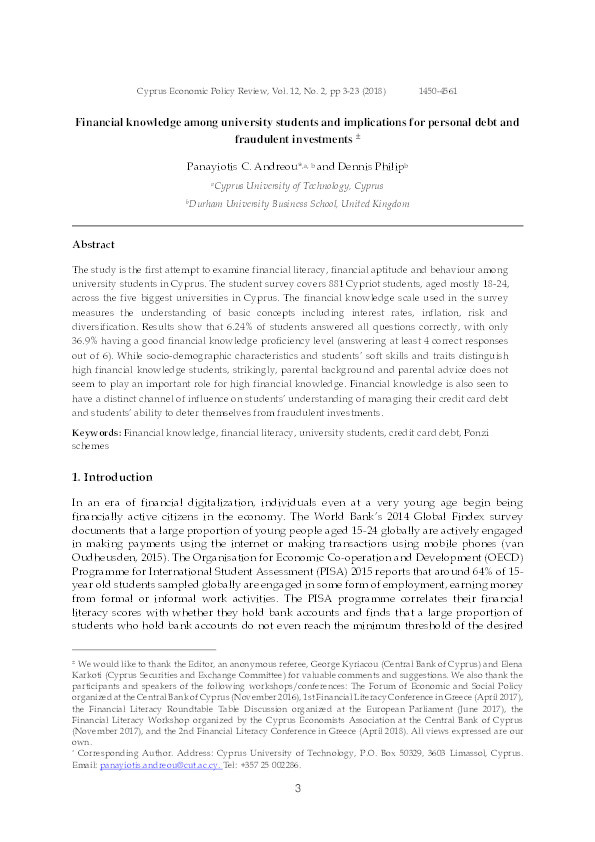 Financial knowledge among university students and implications for personal debt and fraudulent investments Thumbnail