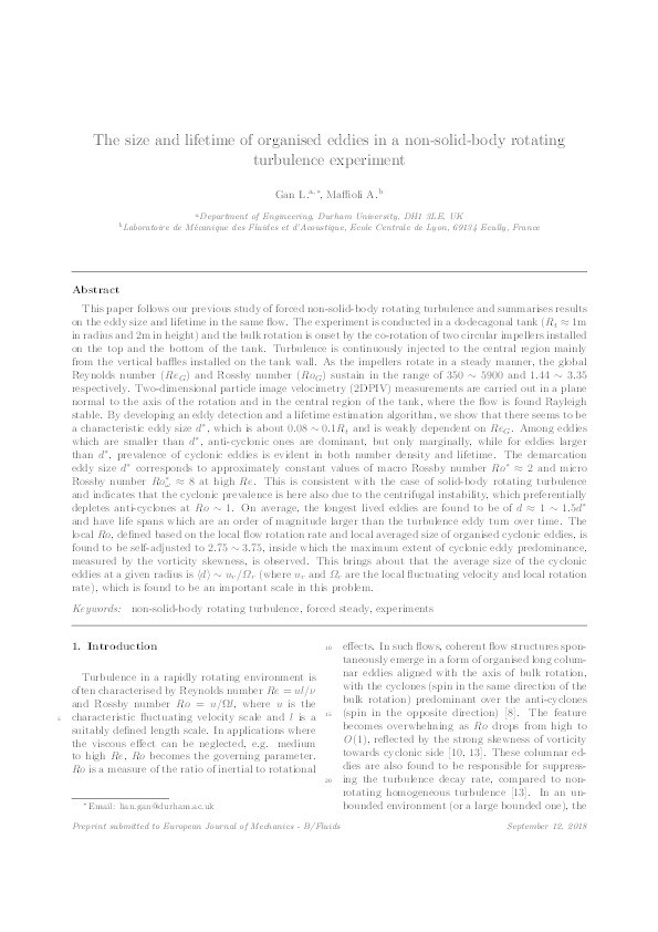 The size and lifetime of organised eddies in a non-solid-body rotating turbulence experiment Thumbnail