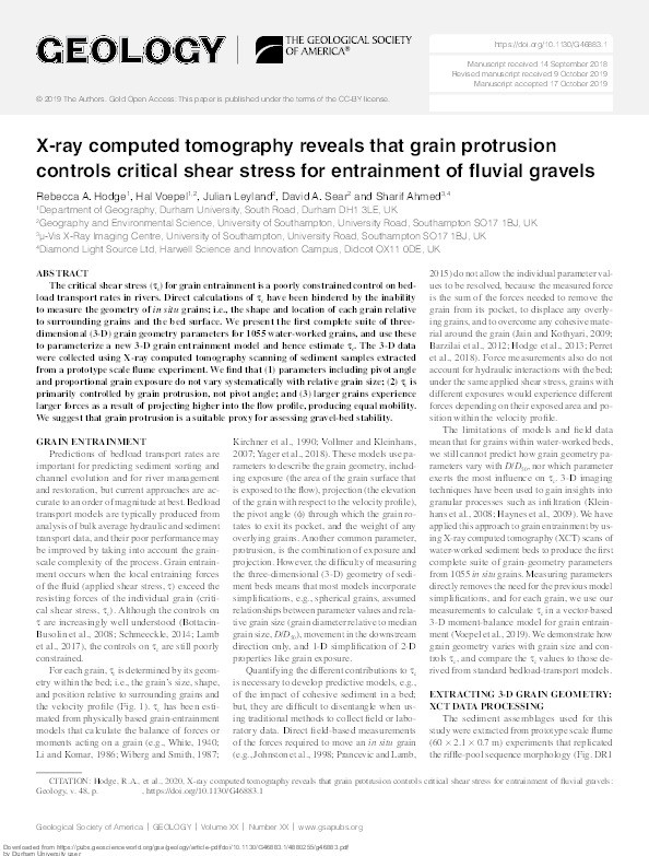 X-ray computed tomography reveals that grain protrusion controls critical shear stress for entrainment in fluvial gravels Thumbnail