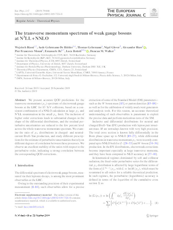 The transverse momentum spectrum of weak gauge bosons at N³LL + NNLO Thumbnail
