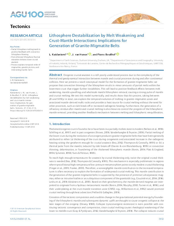 Lithosphere destabilization by melt weakening and crust-mantle interactions-implications for generation of granite-migmatite belts Thumbnail