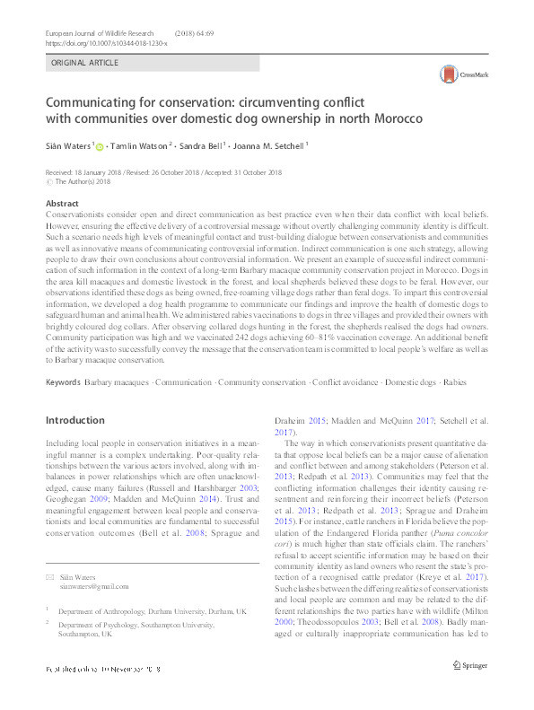 Communicating for Conservation: Circumventing Conflict with Communities over Domestic Dog Ownership in North Morocco Thumbnail