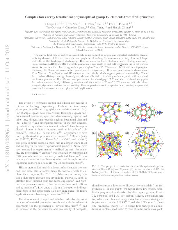 Complex Low Energy Tetrahedral Polymorphs of Group IV Elements from First Principles Thumbnail