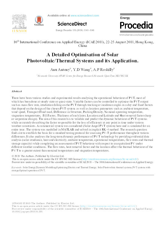 A Detailed Optimisation of Solar Photovoltaic/Thermal Systems and its Application Thumbnail