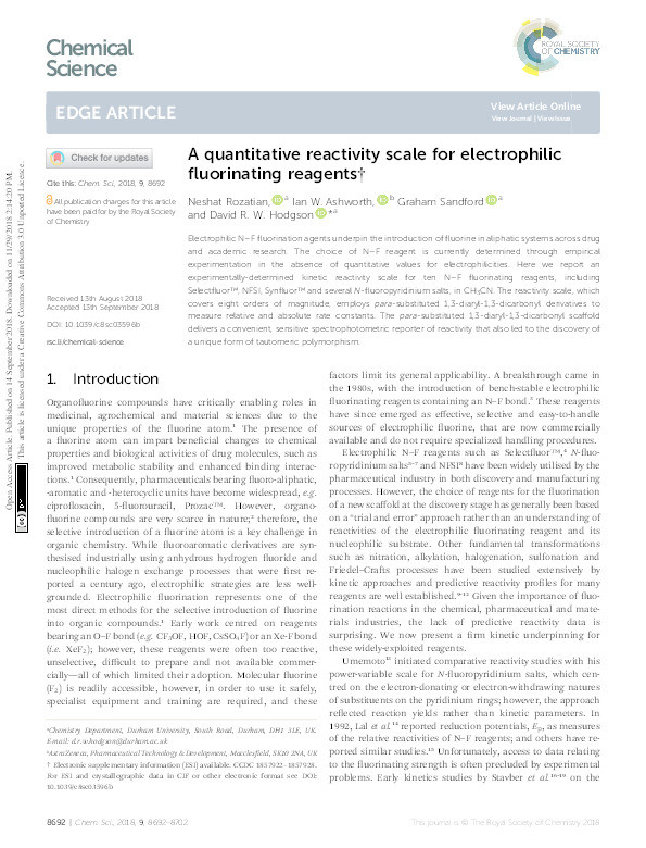 A Quantitative Reactivity Scale for Electrophilic Fluorinating Reagents Thumbnail