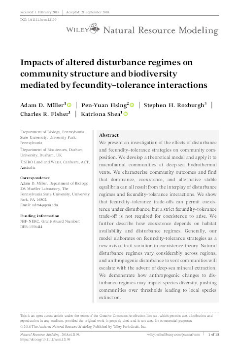 Impacts of altered disturbance regimes on community structure and biodiversity mediated by fecundity-tolerance interactions Thumbnail