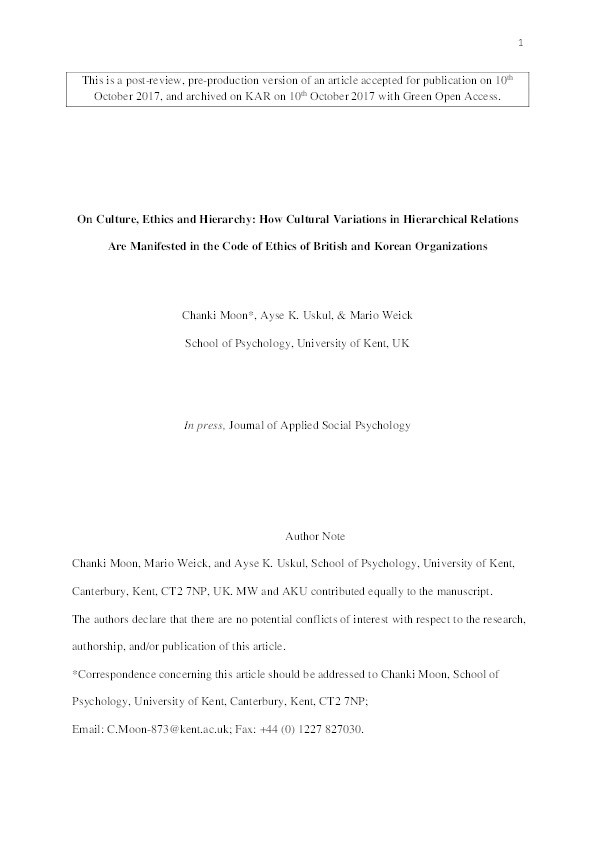 On culture, ethics and hierarchy: How cultural variations in hierarchical relations are manifested in the code of ethics of British and Korean organizations Thumbnail