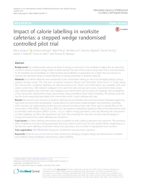 Impact of calorie labelling in worksite cafeterias: a stepped wedge randomised controlled pilot trial Thumbnail