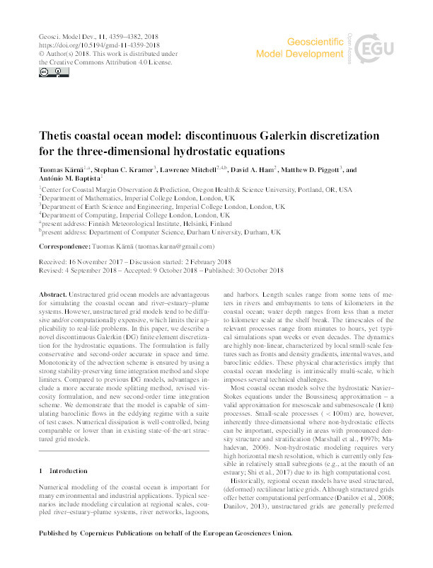 Thetis coastal ocean model: discontinuous Galerkin discretization for the three-dimensional hydrostatic equations Thumbnail