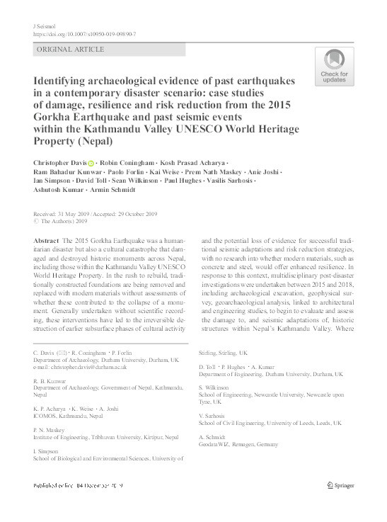 Identifying archaeological evidence of past earthquakes in a contemporary disaster scenario: Case-studies of damage, resilience and risk reduction from the 2015 Gorkha Earthquake and past seismic events within the Kathmandu Valley UNESCO World Heritage Property (Nepal) Thumbnail