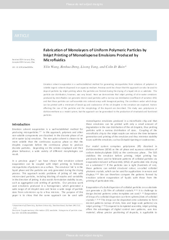 Fabrication of monolayers of uniform polymeric particles by inkjet printing of monodisperse emulsions produced by microfluidics Thumbnail