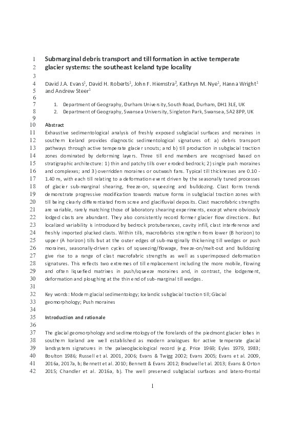 Submarginal debris transport and till formation in active temperate glacier systems: The southeast Iceland type locality Thumbnail