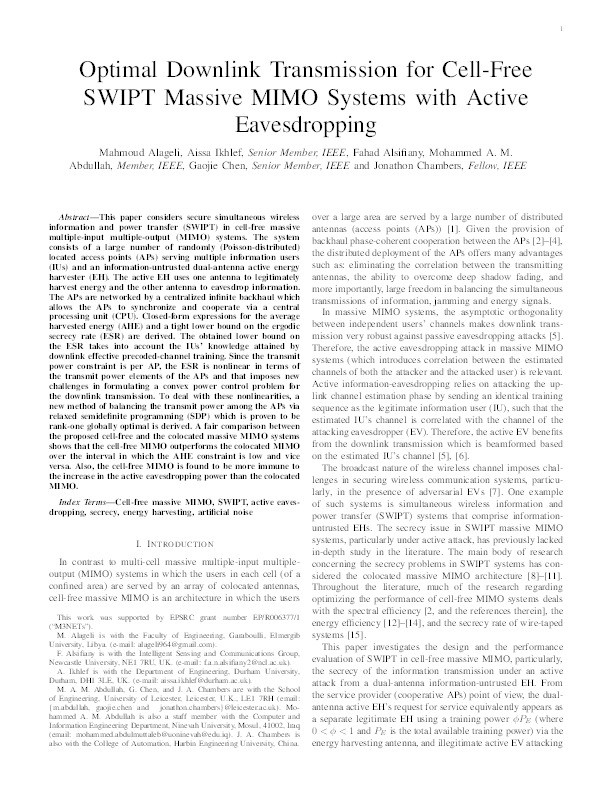 Optimal Downlink Transmission for Cell-Free SWIPT Massive MIMO Systems with Active Eavesdropping Thumbnail