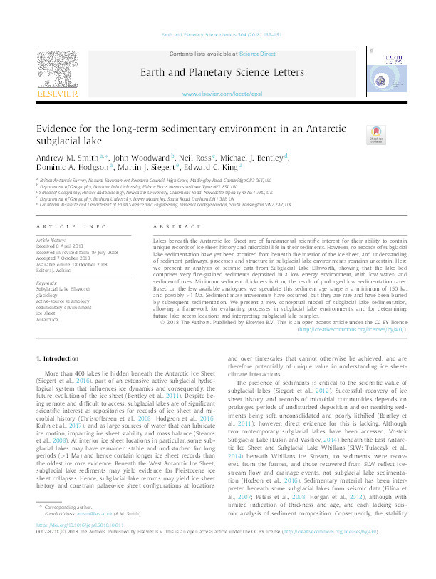 Evidence for the long-term sedimentary environment in an Antarctic subglacial lake Thumbnail