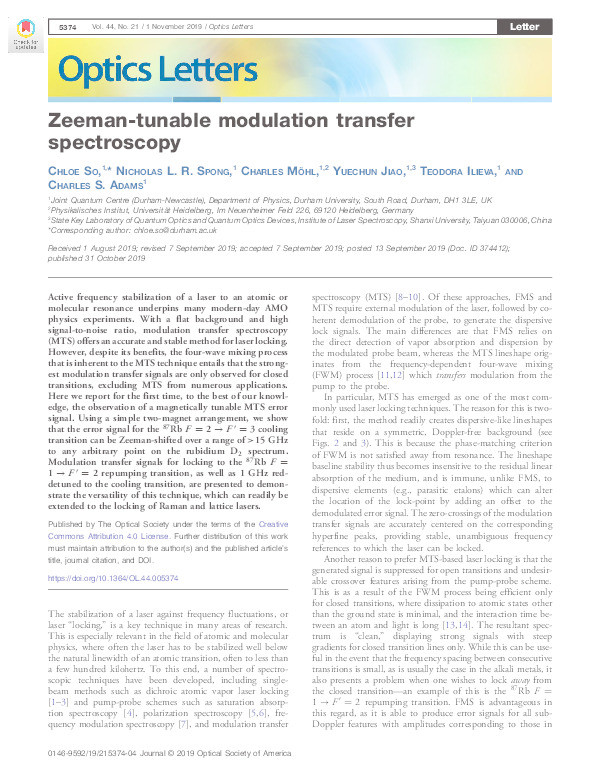 Zeeman-tunable modulation transfer spectroscopy Thumbnail