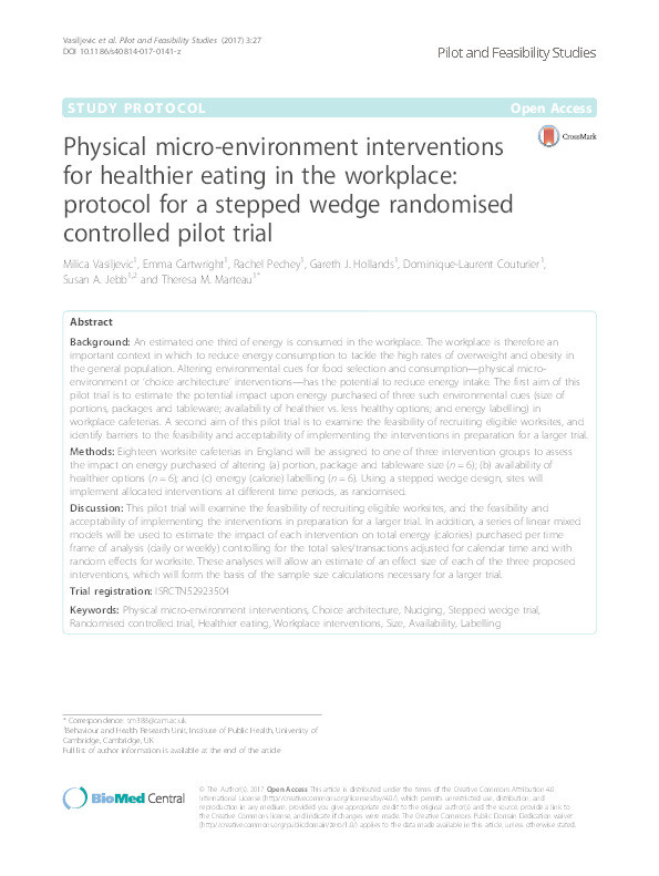 Physical micro-environment interventions for healthier eating in the workplace: protocol for a stepped wedge randomised controlled pilot trial Thumbnail