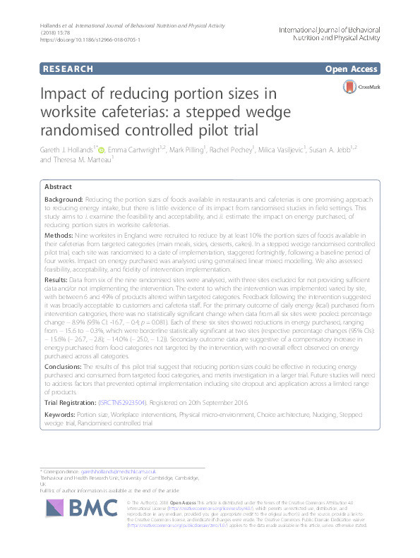 Impact of reducing portion sizes in worksite cafeterias: a stepped wedge randomised controlled pilot trial Thumbnail