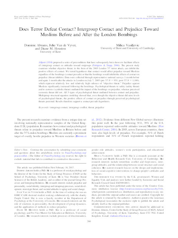 Does terror defeat contact? Intergroup contact and prejudice toward Muslims before and after the London bombings Thumbnail