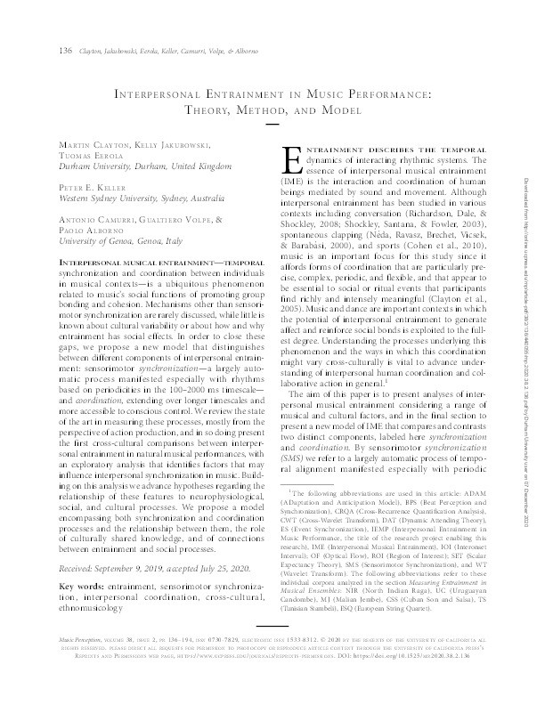 Interpersonal entrainment in music performance: Theory, method and model Thumbnail
