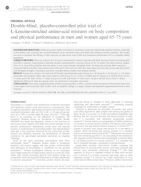 Double-blind, placebo-controlled pilot trial of L-Leucine-enriched amino-acid mixtures on body composition and physical performance in men and women aged 65–75 years Thumbnail