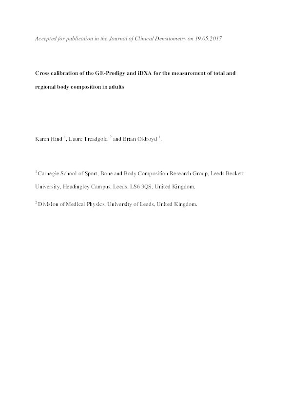 Cross Calibration of the GE Prodigy and iDXA for the Measurement of Total and Regional Body Composition in Adults Thumbnail