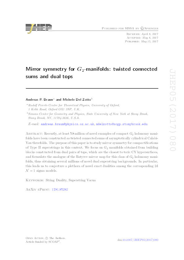 Mirror symmetry for G 2-manifolds: twisted connected sums and dual tops Thumbnail