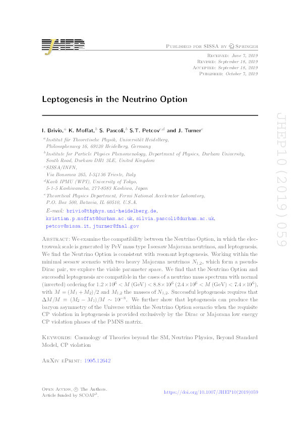 Leptogenesis in the Neutrino Option Thumbnail