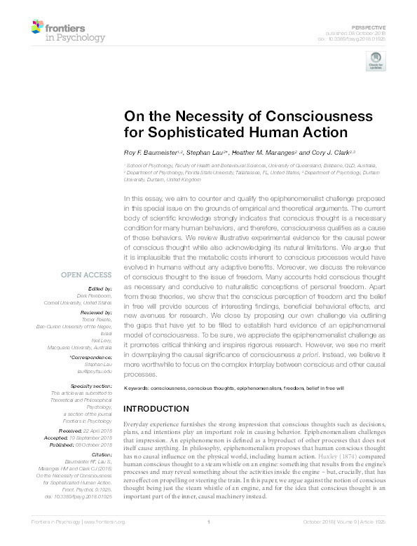 On the Necessity of Consciousness for Sophisticated Human Action Thumbnail