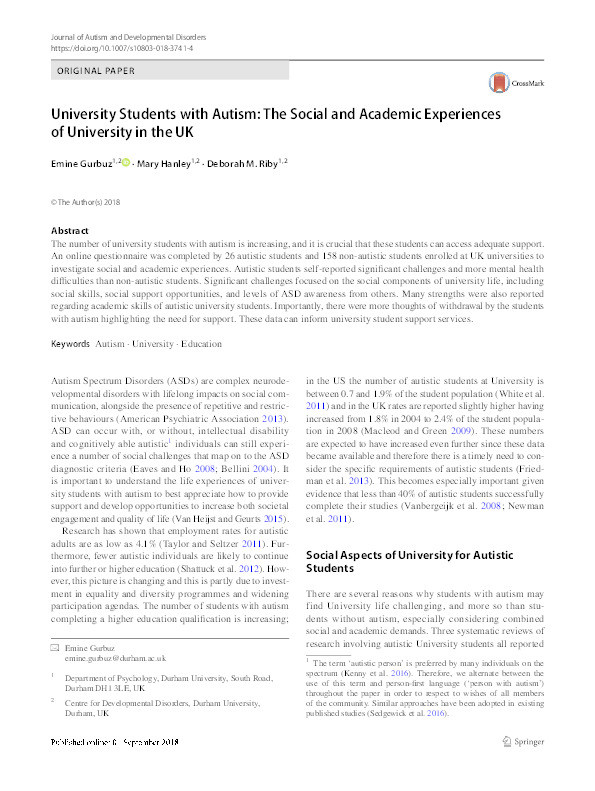 University Students with Autism: The Social and Academic Experiences of University in the UK Thumbnail