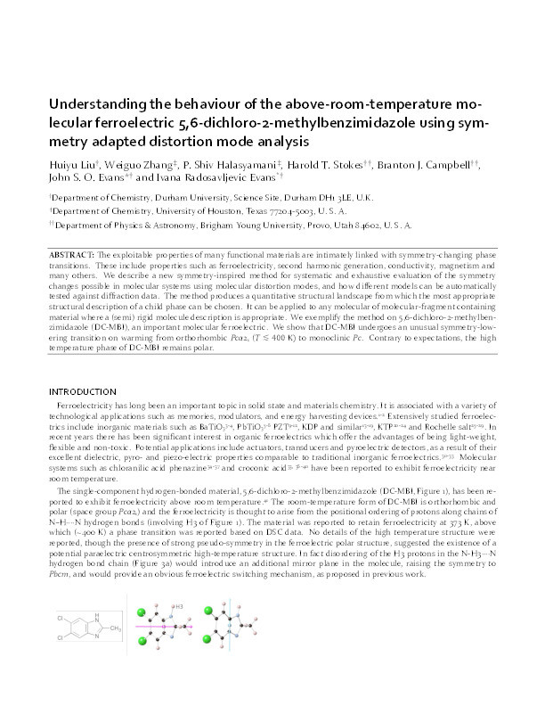 Understanding the Behavior of the Above-Room-Temperature Molecular Ferroelectric 5,6-Dichloro-2-methylbenzimidazole Using Symmetry Adapted Distortion Mode Analysis Thumbnail