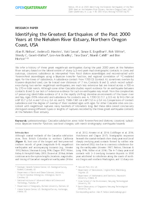 Identifying the Greatest Earthquakes of the Past 2000 Years at the Nehalem River Estuary, Northern Oregon Coast, USA Thumbnail