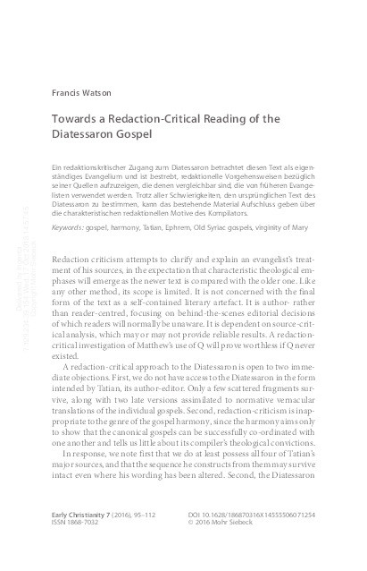 "Towards a Redaction-Critical Reading of the Diatessaron Gospel" Thumbnail
