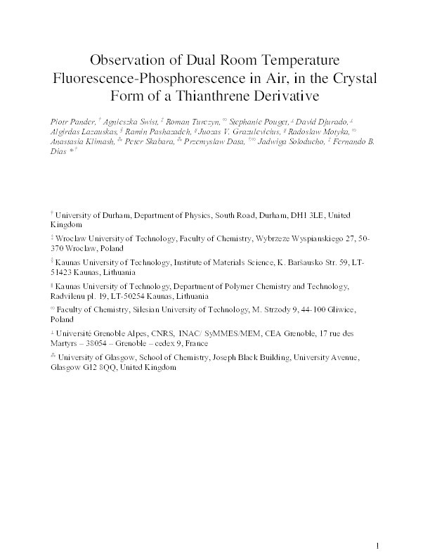 Observation of Dual Room Temperature Fluorescence-Phosphorescence in Air, in the Crystal Form of a Thianthrene Derivative Thumbnail