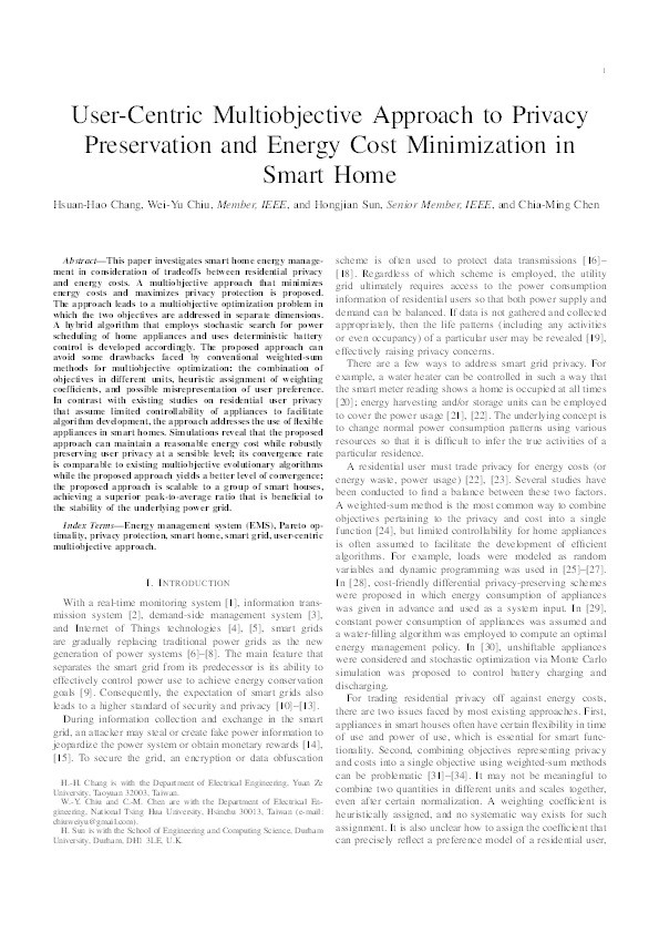 User-Centric Multiobjective Approach to Privacy Preservation and Energy Cost Minimization in Smart Home Thumbnail
