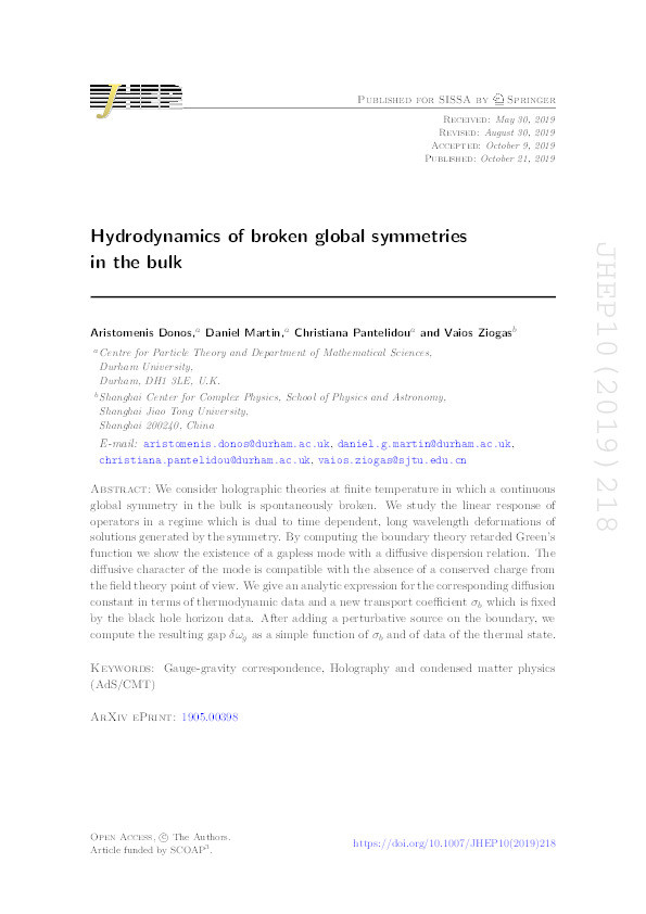 Hydrodynamics of broken global symmetries in the bulk Thumbnail