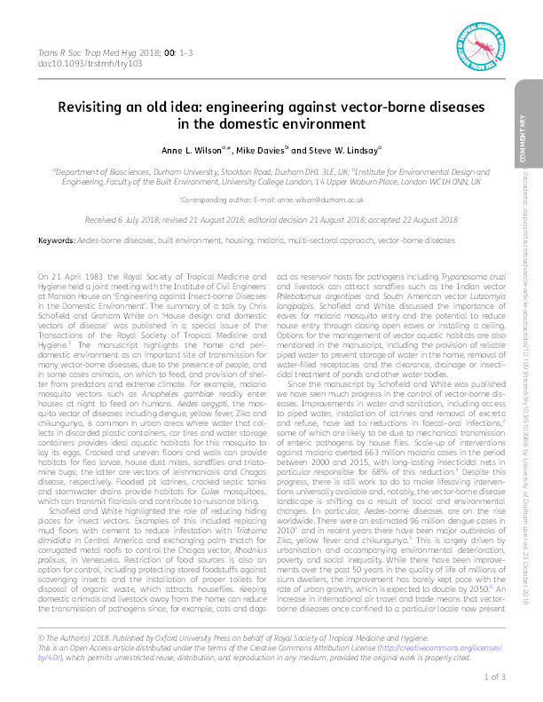 Revisiting an old idea: engineering against vector-borne diseases in the domestic environment Thumbnail