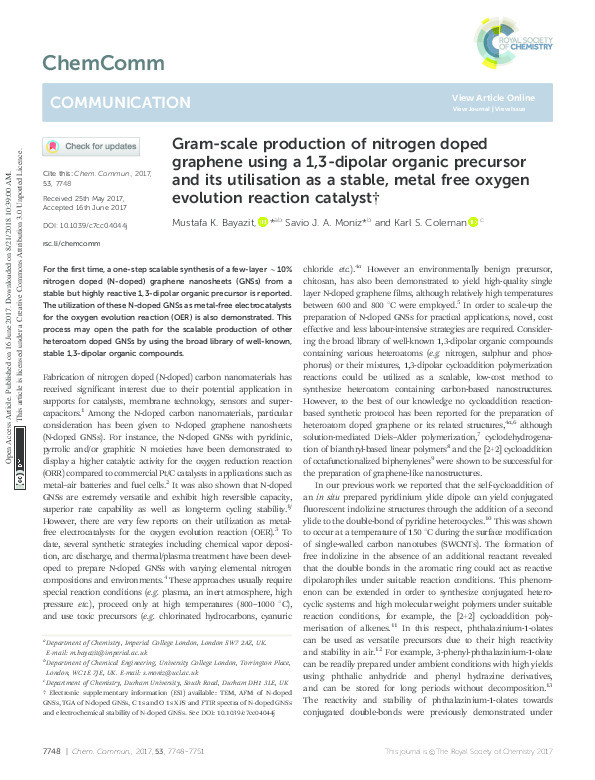 Gram-scale production of nitrogen doped graphene using a 1,3-dipolar organic precursor and its utilisation as a stable, metal free oxygen evolution reaction catalyst Thumbnail