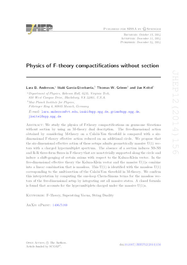 Physics of F-theory compactifications without section Thumbnail