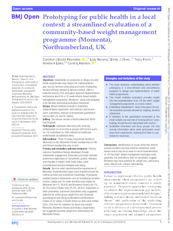 Prototyping for public health in a local context: a streamlined evaluation of a community-based weight management programme (Momenta), Northumberland, UK Thumbnail