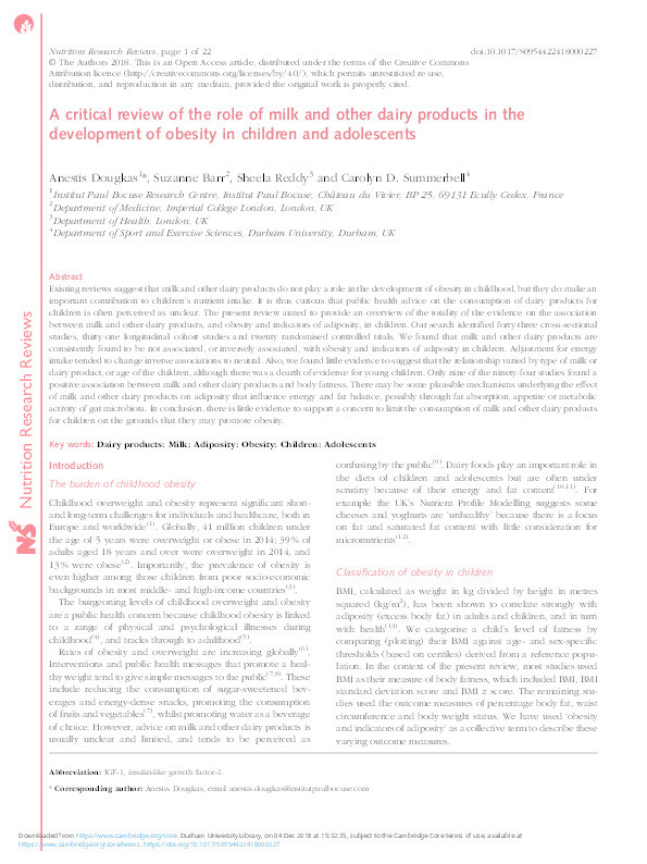 A critical review of the role of milk and other dairy products in the development of obesity in children and adolescents Thumbnail