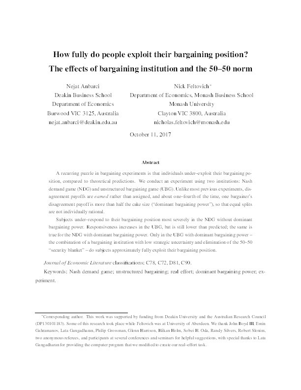 How fully do people exploit their bargaining position? The effects of bargaining institution and the 50–50 norm Thumbnail