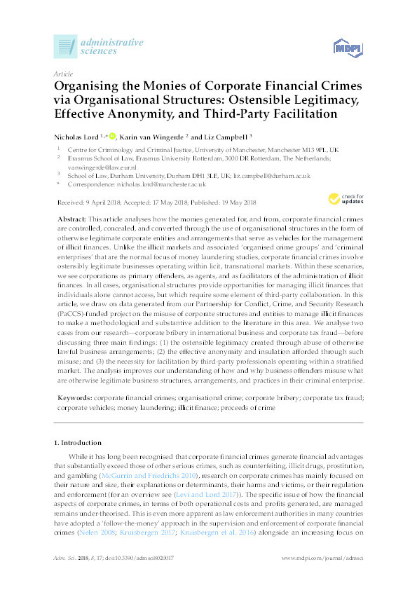 Organising the Monies of Corporate Financial Crimes via Organisational Structures: Ostensible Legitimacy, Effective Anonymity, and Third-Party Facilitation Thumbnail