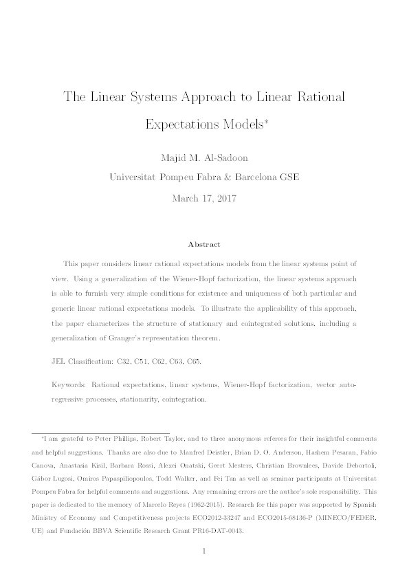 The Linear Systems Approach to Linear Rational Expectations Models Thumbnail