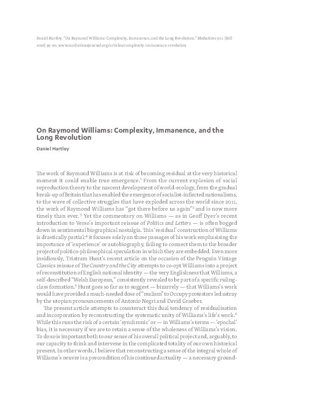 On Raymond Williams: Complexity, Immanence, and the Long Revolution Thumbnail