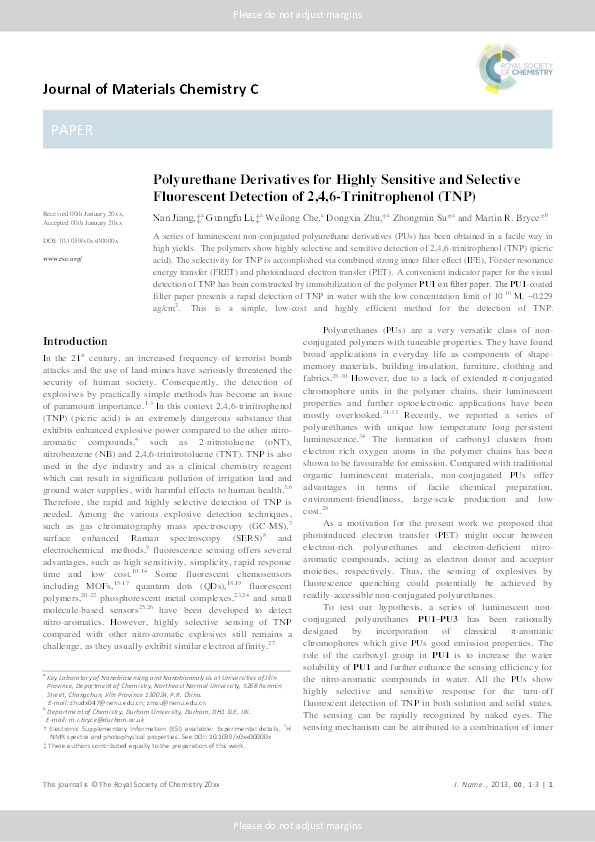 Polyurethane Derivatives for Highly Sensitive and Selective Fluorescent Detection of 2,4,6-Trinitrophenol (TNP) Thumbnail