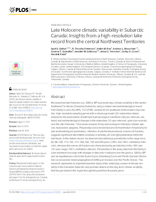 Late Holocene climatic variability in Subarctic Canada: Insights from a high-resolution lake record from the central Northwest Territories Thumbnail